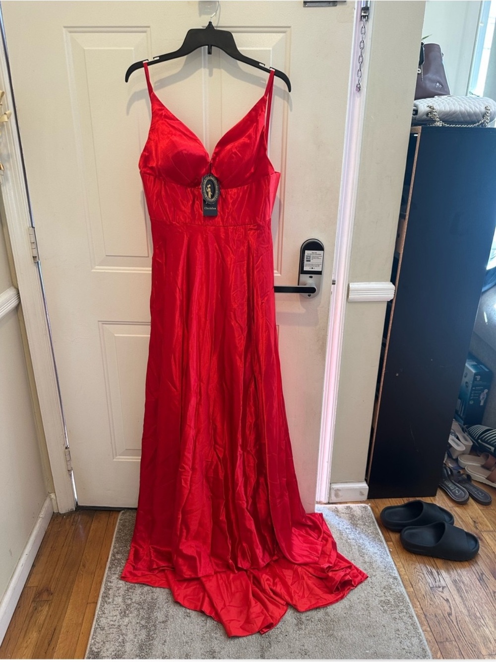 Red Satin V-Neck Slip Dress